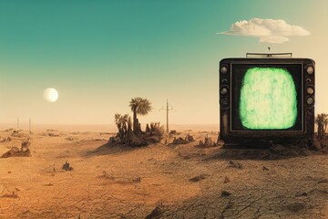 Vintage TV with green screen in the middle of the Apocalyptic desert. Post Apocalypse, global warming, climate change, hot dusty desert. 