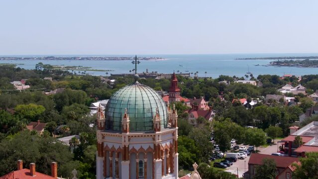 Aerial fly by church showing city St Augustine in Florida