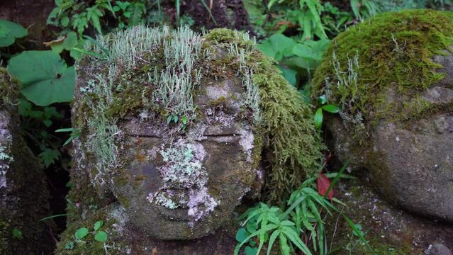 The Otagi Nenbutsu-ji temple in Kyoto has hundreds of religious images, each one with particular characteristics and different faces. The moss grows on the sculptures year after year.