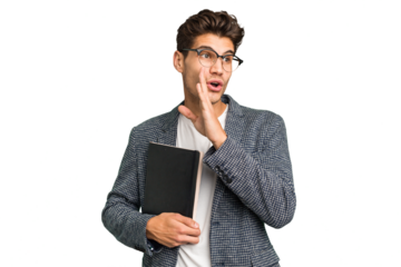 Young teacher caucasian man holding a book isolated is saying a secret hot braking news and looking aside