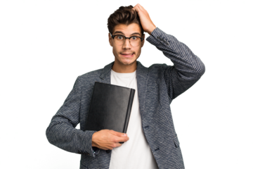 Young teacher caucasian man holding a book isolated being shocked, she has remembered important meeting.