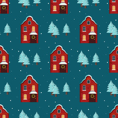 Fototapeta premium Seamless pattern with cute houses with a bright roof on the snow, light in the windows and chimneys. Merry holiday print, New Year and Christmas decorations. Winter and festive background