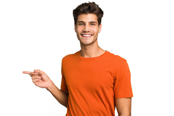Young caucasian handsome man isolated smiling cheerfully pointing with forefinger away.