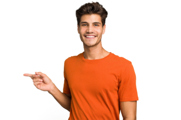 Young caucasian handsome man isolated smiling cheerfully pointing with forefinger away.