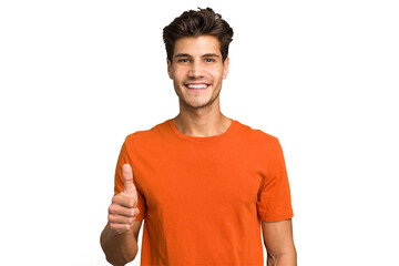 Young caucasian handsome man isolated smiling and raising thumb up