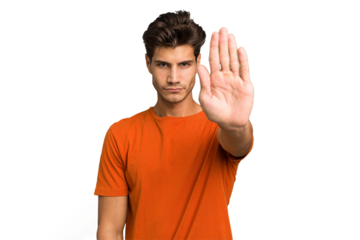 Young caucasian handsome man isolated standing with outstretched hand showing stop sign, preventing you.
