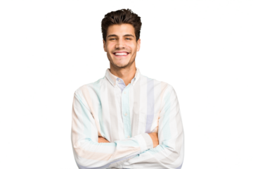 Young caucasian handsome man isolated who feels confident, crossing arms with determination.