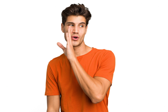 Young caucasian handsome man isolated is saying a secret hot braking news and looking aside - Powered by Adobe