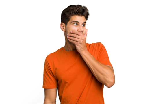 Young caucasian handsome man isolated thoughtful looking to a copy space covering mouth with hand.