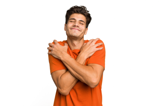 Young caucasian handsome man isolated hugs, smiling carefree and happy.