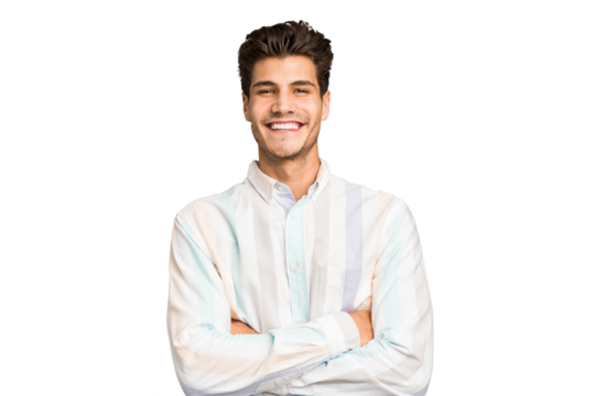 Young caucasian handsome man isolated who feels confident, crossing arms with determination.