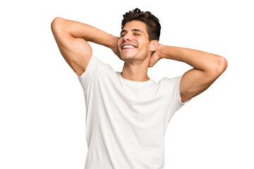 Young caucasian handsome man isolated feeling confident, with hands behind the head.