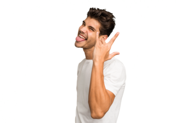 Young caucasian handsome man isolated showing rock gesture with fingers