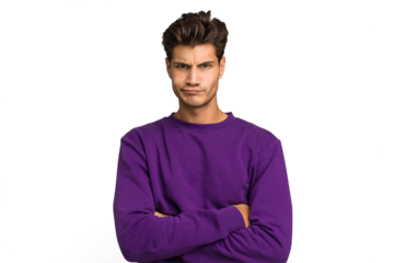 Young caucasian handsome man isolated frowning face in displeasure, keeps arms folded.