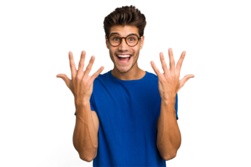 Young caucasian handsome man isolated showing number ten with hands.