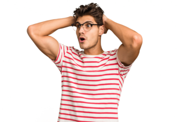 Young caucasian handsome man isolated screaming, very excited, passionate, satisfied with something.