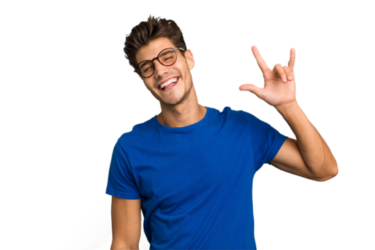 Young caucasian handsome man isolated showing a horns gesture as a revolution concept.