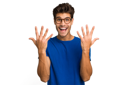 Young caucasian handsome man isolated showing number ten with hands.