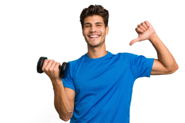 Young sport caucasian man training with weights isolated