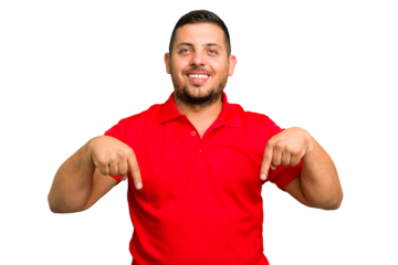 Young caucasian man isolated points down with fingers, positive feeling.