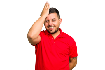 Young caucasian man isolated forgetting something, slapping forehead with palm and closing eyes.