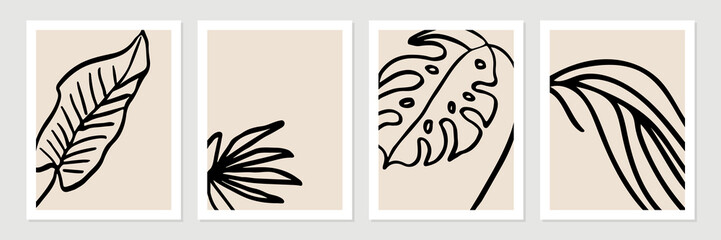 Set of abstract tropical organic shapes, leaves, lines and textures in black on neutral nude and beige background.