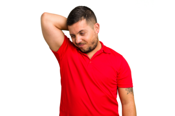 Young caucasian man isolated suffering neck pain due to sedentary lifestyle.