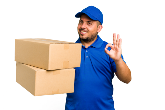 Delivery caucasian man isolated cheerful and confident showing ok gesture.