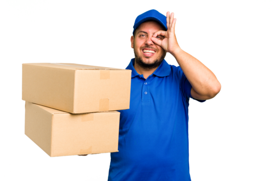 Delivery caucasian man isolated excited keeping ok gesture on eye.