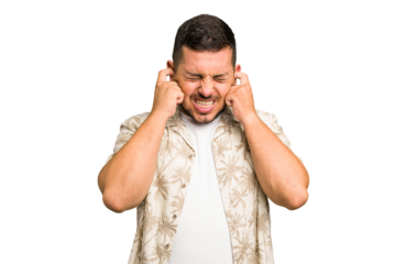 Young caucasian man isolated covering ears with hands.