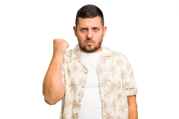 Young caucasian man isolated showing fist to camera, aggressive facial expression.