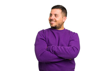 Young caucasian man isolated smiling confident with crossed arms.