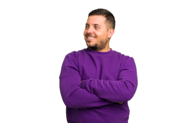 Young caucasian man isolated smiling confident with crossed arms.