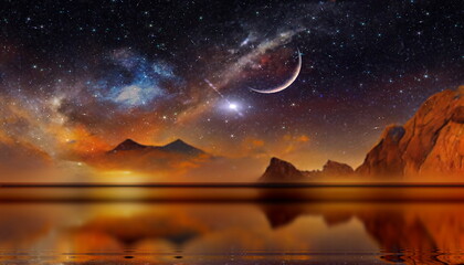 Starry night sky  at sea , nebula star fall  moon  milky way  reflection,mountains and rock on horizont  orange sunset light nature landscape