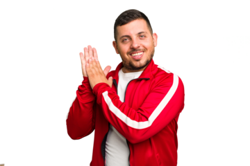 Young caucasian man isolated feeling energetic and comfortable, rubbing hands confident.