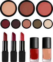 Dark Autumn makeup collection transparent PNG. Lipsticks, nail polishes, blushes and eyeshadows in deep warm colors. - obrazy, fototapety, plakaty