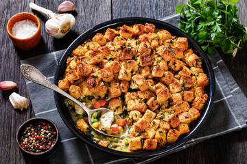turkey pot pie with stuffing crust in baking dish