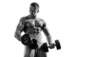 Sport and fitness on transparent background.	Muscular bodybuilder in the gym training with dumbbells.