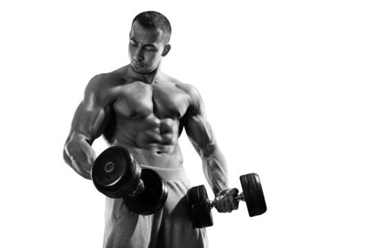 Sport and fitness on transparent background.	Muscular bodybuilder in the gym training with dumbbells.