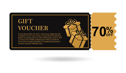 Golden gift voucher 70% off. discount gift voucher 70% sale for website, internet ads, social media. Discount gift voucher, beautiful design. vector illustration 