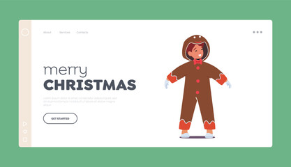 Merry Christmas Landing Page Template. Child in Xmas Costume of Gingerbread Man, Little Boy Performing on Party