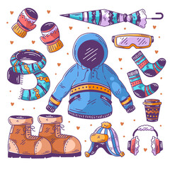 Winter clothes and essentials hand drawn doodle full color