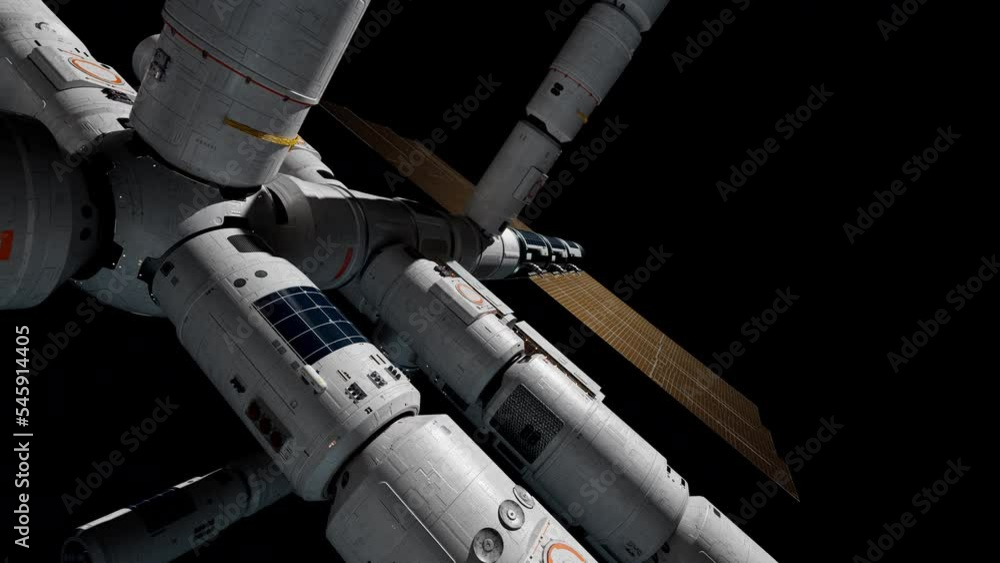 Wall mural space station flying in space, the concept of space technology development. video has an alpha chann