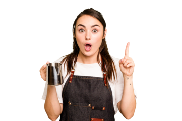 Young barista woman isolated on green chroma background having an idea, inspiration concept.