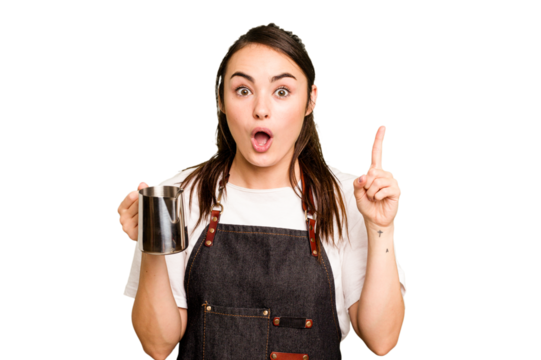 Young barista woman isolated on green chroma background having an idea, inspiration concept.