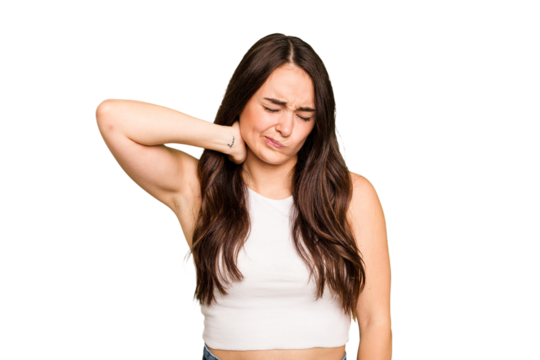 Young caucasian woman isolated on green chroma background having a neck pain due to stress, massaging and touching it with hand.