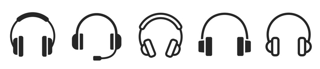 Headphones collection. Support symbol. Customer service or customer support headset or headphones. Wired headphones.