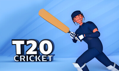 3D Render T20 Cricket Text With Batter Player Against Blue Background.