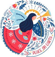 Christmas angel girl doodle vector christian card