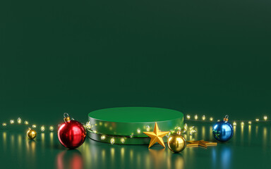 Green Podium Christmas Light Decoration New Year Product Display Template Mockup 3D Render © natanaelginting